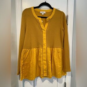 NWT Suzanne Betro Size S Mustard Waffle Knit Knotch Neck Empire Waist Tunic